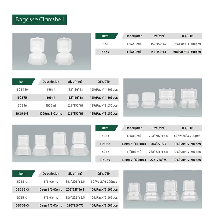 Multiple sizes and compartment options for sugarcane clamshell boxes showcasing versatile configurations