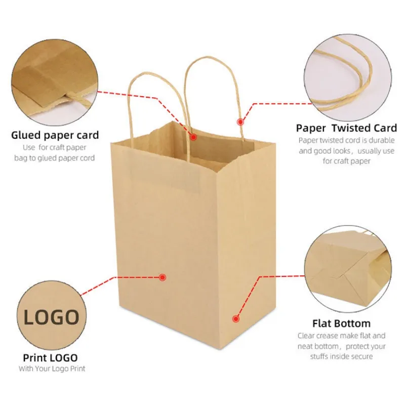 Assorted Custom Printed Kraft Paper Shopping Bags for Retail and Food Packaging