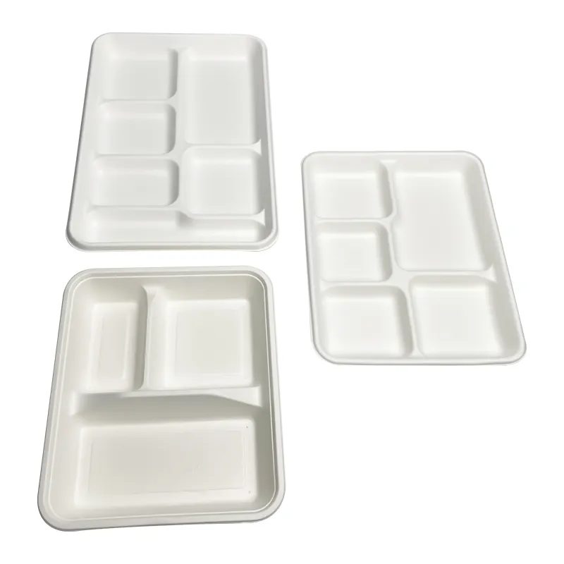 Stackable design of natural sugarcane bagasse institutional dining trays