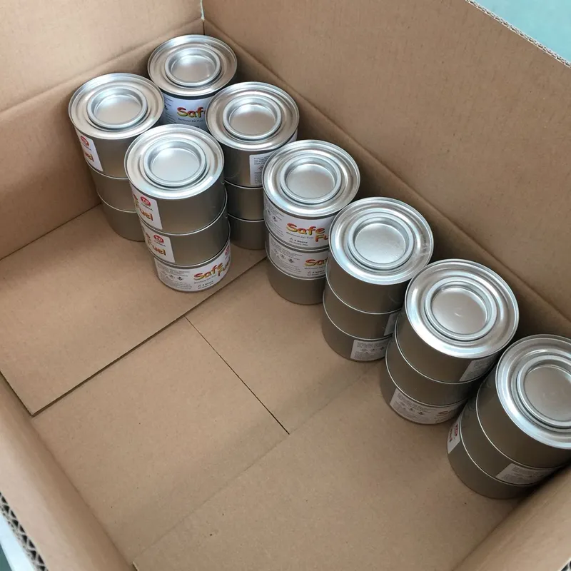 Double coating recycled tin-plate can for spill resistant burning safety