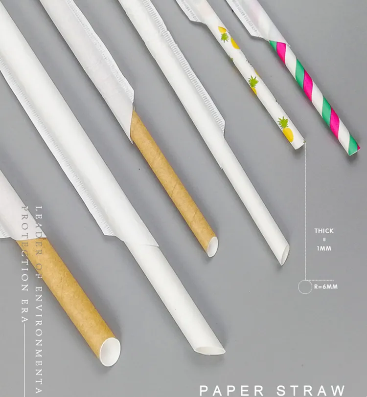 Custom printed food-grade kraft paper straws utilizing eco-friendly soy ink for restaurant branding