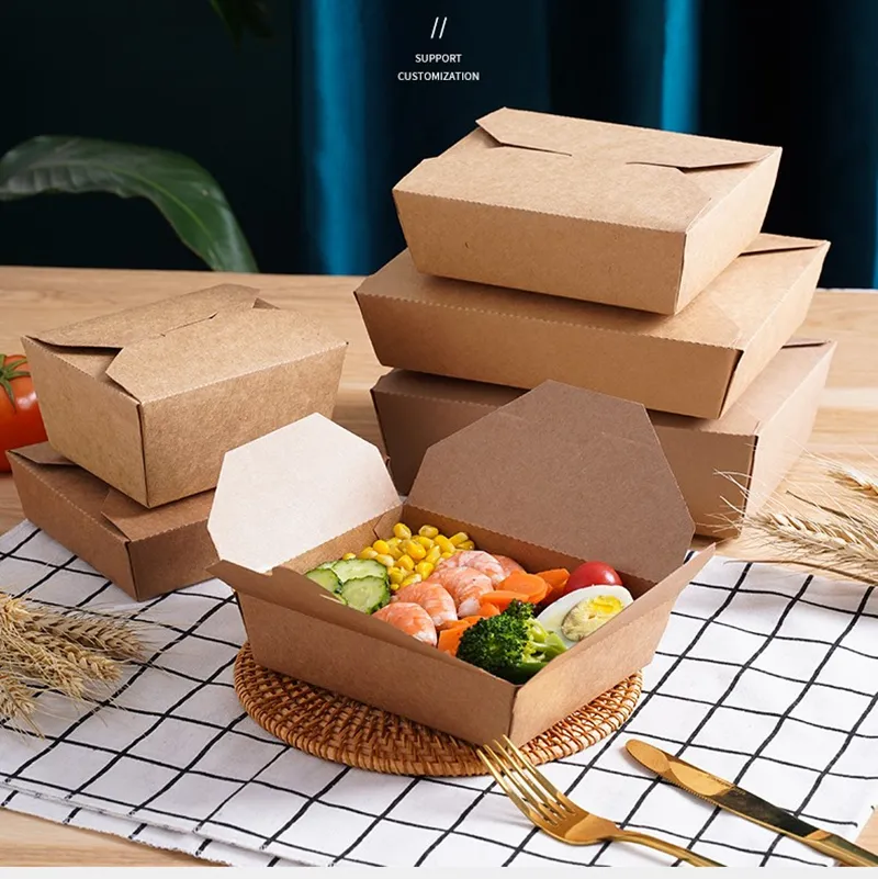 Clear anti-fog window design on rectangular kraft paper food box for grab-and-go display
