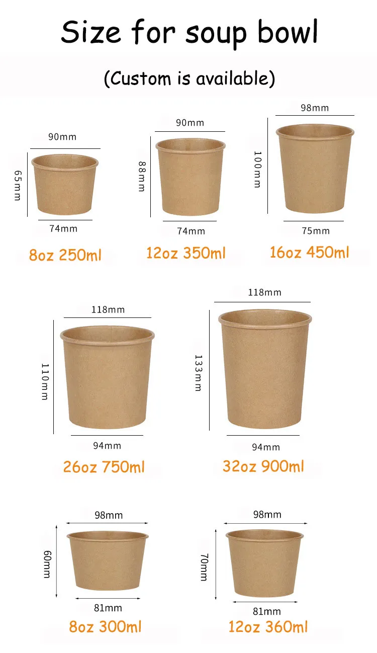 Various sizes of kraft paper salad bowls from 500ml to 1300ml