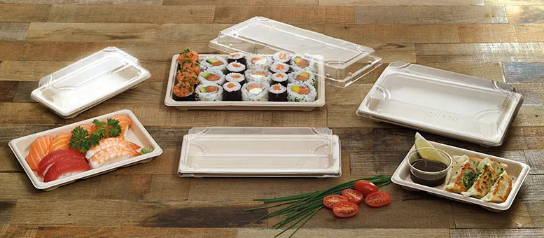 Transparent Disposable Bagasse Sushi Paper Tray displaying fresh food
